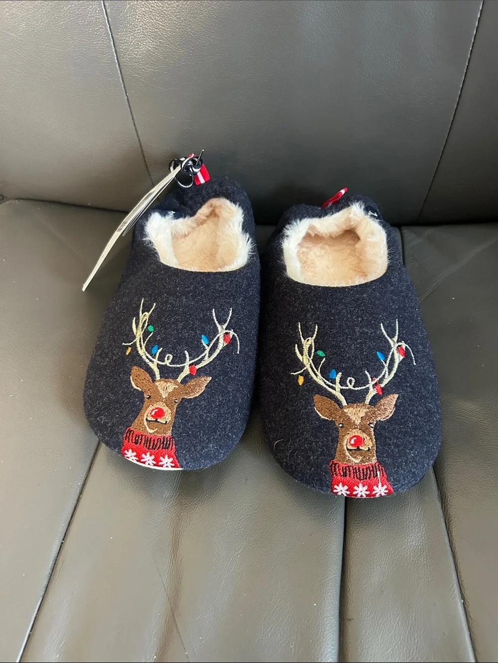 Joules Navy Kids Reindeer Slippers with Embroidered Lights